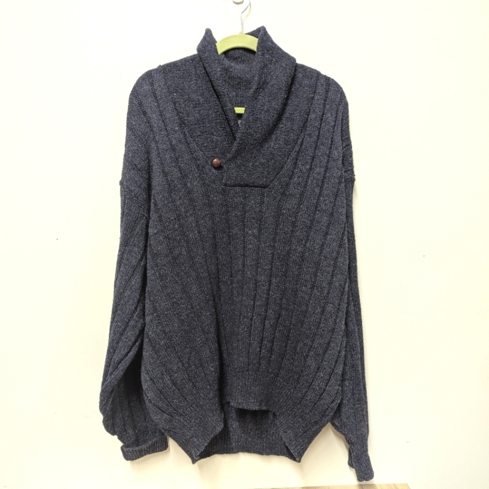 Men's Lands End Shawl Collar Grandpa Sweater Heathered Blue Wool XL